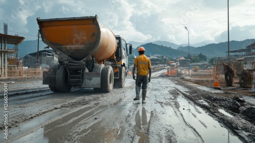 Construction worker walking on muddy road next to concrete mixer truck. photo