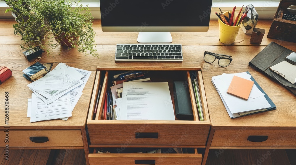 Office desk with drawers full of organized paperwork Office desk with drawers full of organized paperwork