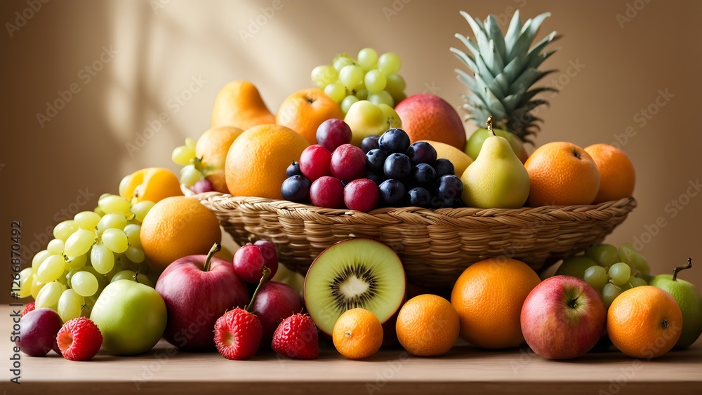 A wicker basket overflowing with a vibrant assortment of fresh fruits, including oranges, apples, grapes, kiwi, and pineapple, sits on a wooden table, bathed in warm, natural light. A wicker basket overflowing with a vibrant assortment of fresh fruits, including oranges, apples, grapes, kiwi, and pineapple, sits on a wooden table, bathed in warm, natural light.