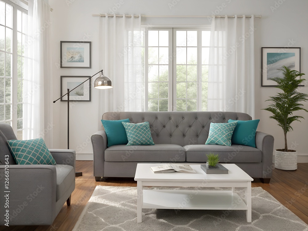 Fototapeta premium living room interior, sofa, pillows, white coffee table, large windows with sheer curtains, modern lamp, cozy home décor,