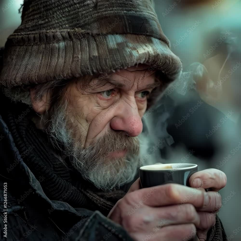 Homeless elderly man holding coffee cup with serious expression in urban setting during cold weather Homeless elderly man holding coffee cup with serious expression in urban setting during cold weather