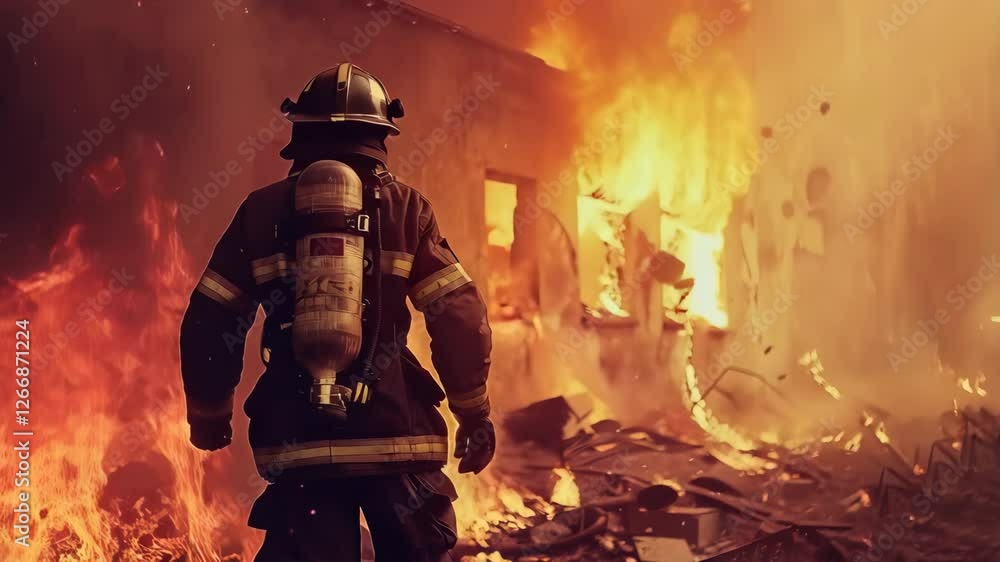Brave firefighter battles intense flames in urban setting while wearing protective gear Brave firefighter battles intense flames in urban setting while wearing protective gear