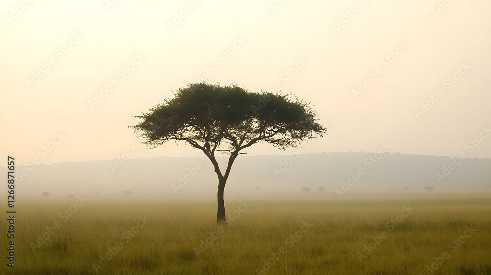 Serene Solitude: A Single Acacia Tree in the Misty African Savanna Serene Solitude: A Single Acacia Tree in the Misty African Savanna