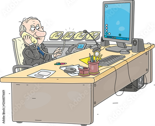 Angry government official or businessman sitting at his desk in an office and talking on a phone, vector cartoon illustration isolated on a white background