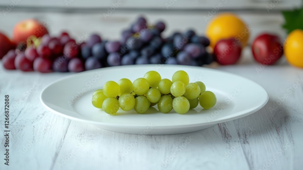 Green grapes on plate, fruit background, healthy eating, food photography Green grapes on plate, fruit background, healthy eating, food photography