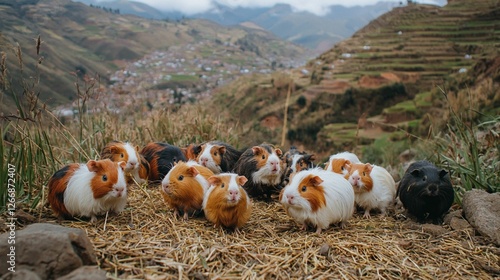 Group of Adorable Guinea Pigs Grazing on Grass in a Scenic Mountain Landscape with Agricultural Terraces and a Lush Green Background