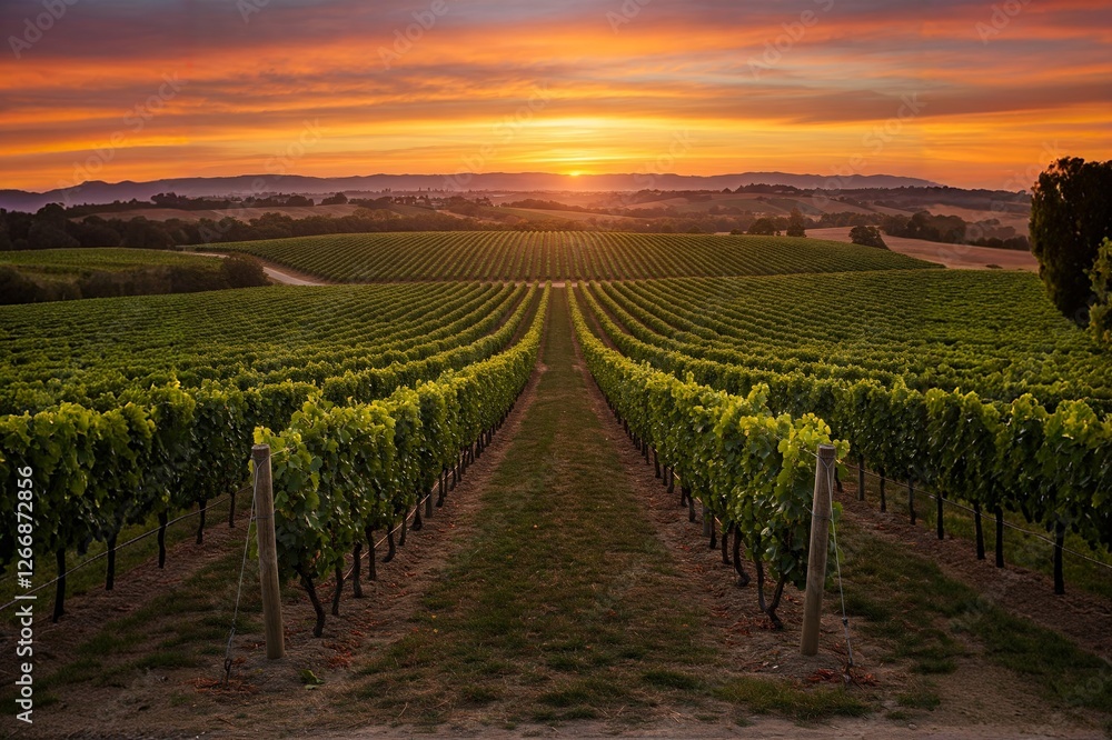 Naklejka premium A vineyard at sunset, with rows of grapevines stretching into the distance