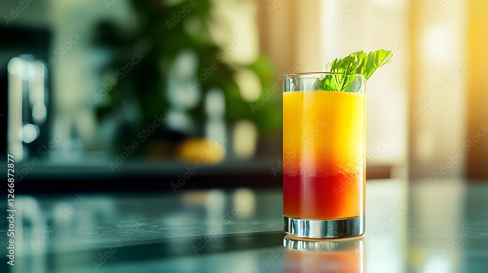 Refreshing Tropical Drink in Glass with Mint Garnish and Sunshine Refreshing Tropical Drink in Glass with Mint Garnish and Sunshine