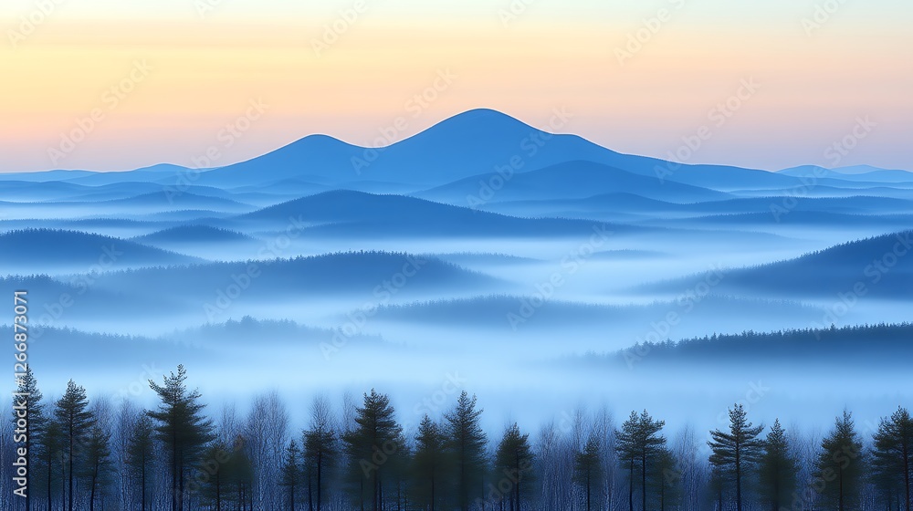 Obraz premium Serene Misty Mountains at Sunrise Over Forest
