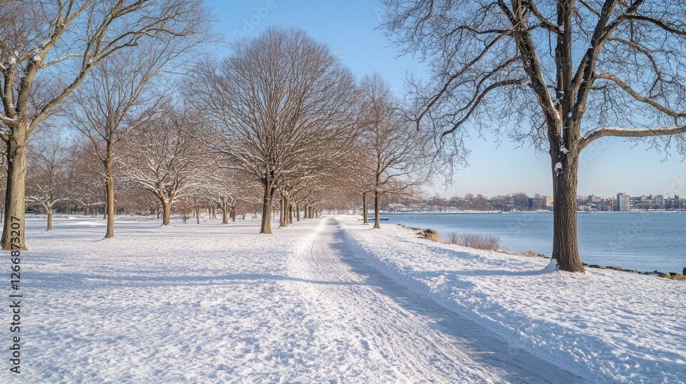 Snowy Winter Path by the Lake: A Serene Winter Landscape Snowy Winter Path by the Lake: A Serene Winter Landscape