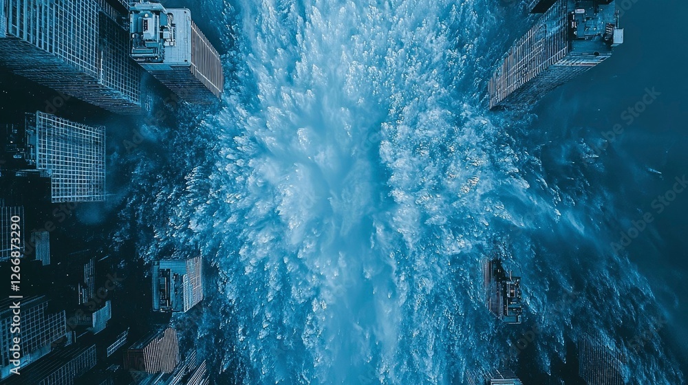 Fototapeta premium Aerial View of Cityscape with Exploding Blue Wave Effect