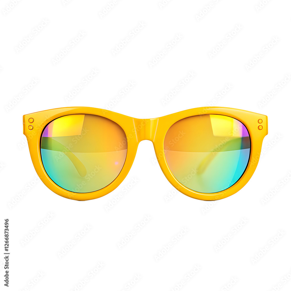 a pair of yellow sunglasses with iridescent lenses. They are modern and stylish with a retro vibe a pair of yellow sunglasses with iridescent lenses. They are modern and stylish with a retro vibe