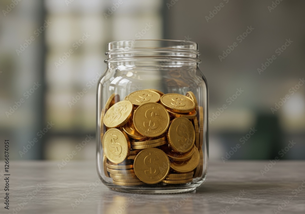 A realistic image of gold dollar coins in a glass jar, with a blurred background and abstract elements. The scene symbolizes savings, investment, and financial growth.
A realistic image of gold dollar coins in a glass jar, with a blurred background and abstract elements. The scene symbolizes savings, investment, and financial growth.