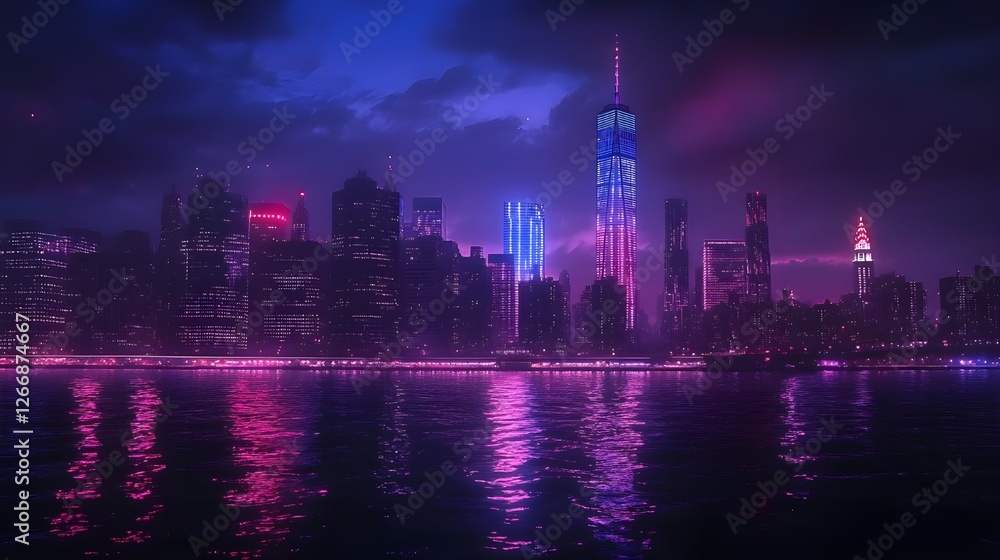 A vibrant, futuristic cityscape at night, reflected in calm water. Neon lights illuminate the skyscrapers in shades of pink and blue. A vibrant, futuristic cityscape at night, reflected in calm water. Neon lights illuminate the skyscrapers in shades of pink and blue.