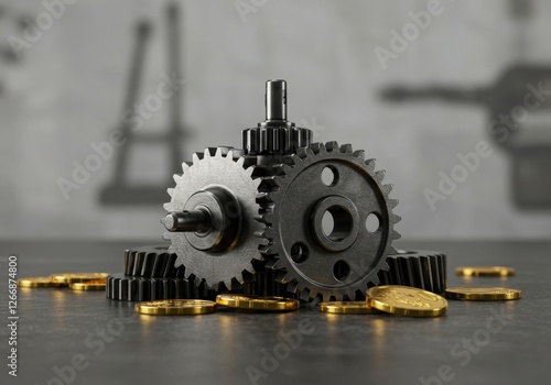 A realistic photo of a mechanic gear with gold coins around it, featuring a blurred background and abstract elements. The scene symbolizes the connection between industry and wealth.

 photo