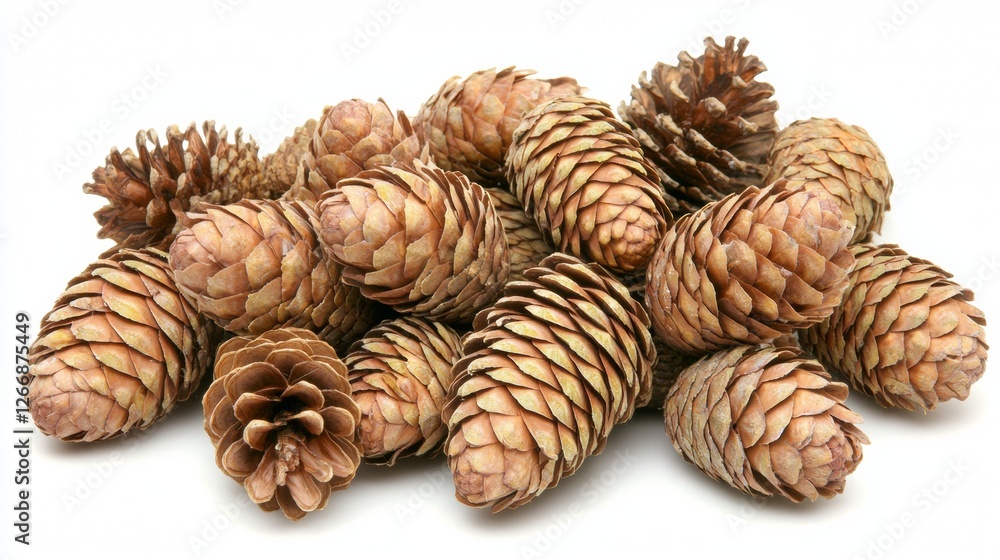 Collection of pine cones scattered on a white background, showcasing different shapes and sizes Collection of pine cones scattered on a white background, showcasing different shapes and sizes