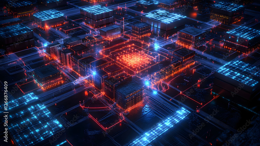 Abstract Digital Cityscape: Neon Lights and Circuitry Abstract Digital Cityscape: Neon Lights and Circuitry