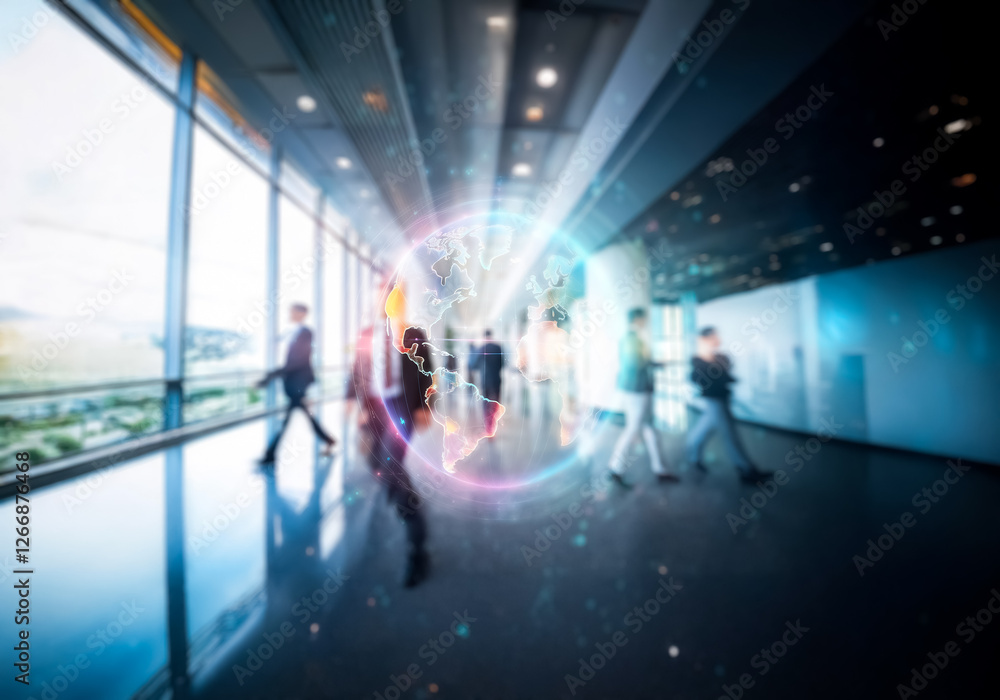 Blurry view of people walking in a modern office building with large windows, reflecting the city outside. Blurry view of people walking in a modern office building with large windows, reflecting the city outside.