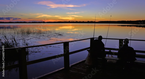 Fototapeta Naklejka Na Ścianę i Meble -  Two anglers fishing from a wooden pier at sunset by a calm lake surrounded by lush greenery and reflecting colorful skies