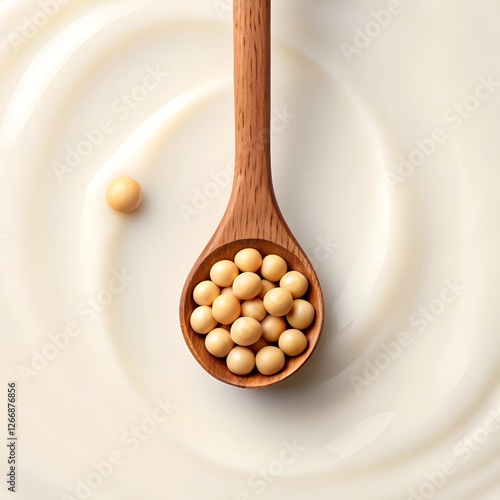 Soybean in wooden spoon on yogurt background 