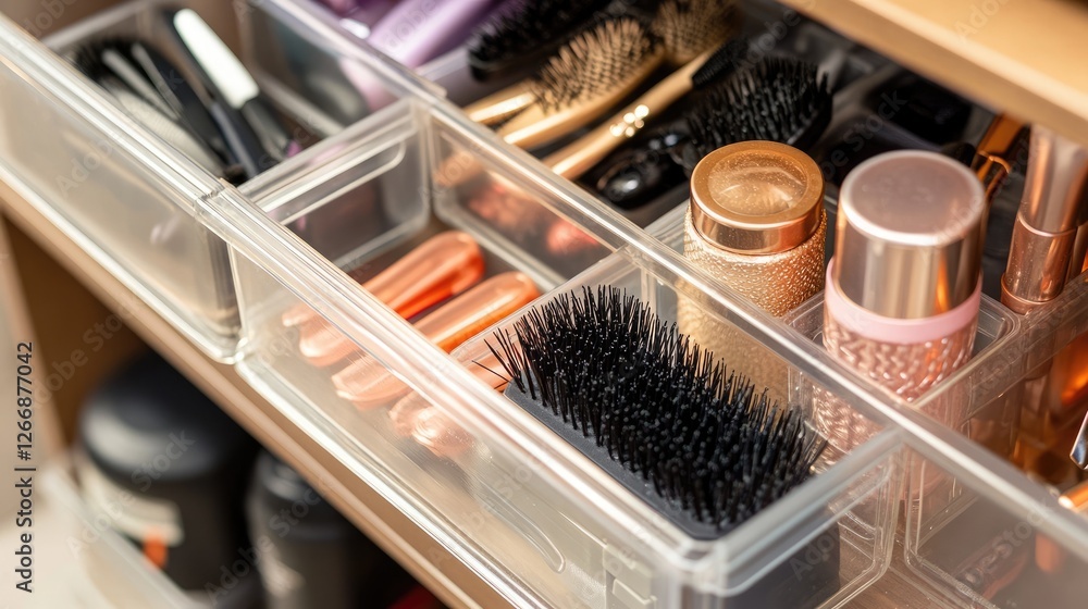 Plastic storage drawers with neatly arranged hair tools Plastic storage drawers with neatly arranged hair tools