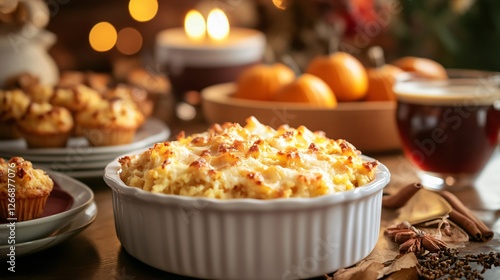 A cozy Thanksgiving breakfast table, featuring cheesy hash brown casserole, pumpkin muffins, and cinnamon-scented coffee, with warm autumnal tones in the background
