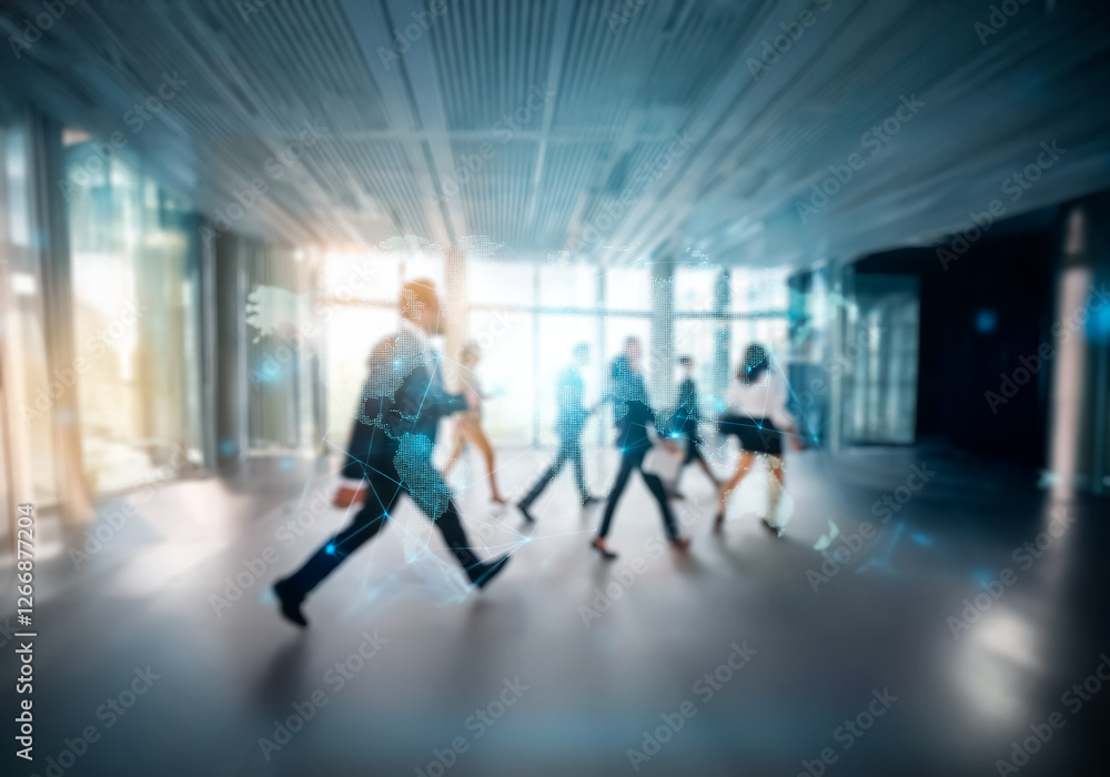 Fototapeta premium A group of blurry figures walk in a modern office building with large windows and a bright, sunny setting.