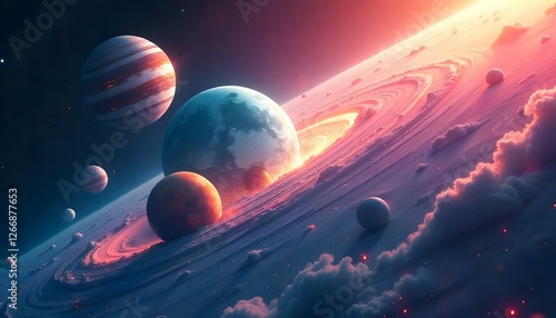 Stunning Planetary Ring System Space Art with Colorful Planets