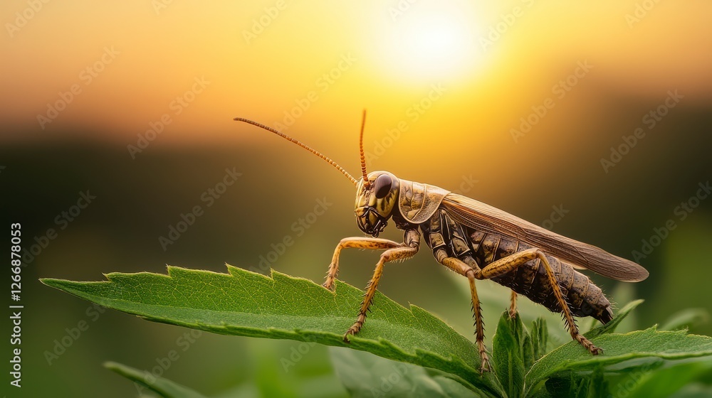 Fototapeta premium Brown Grasshopper on Dewy Leaf at Sunset