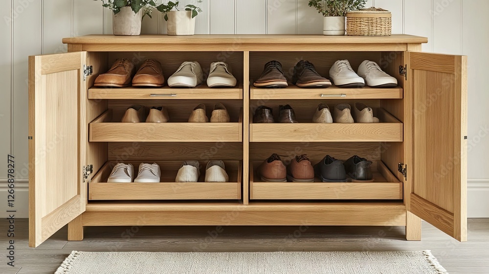 Shoe cabinet with wooden doors and organized shoes inside