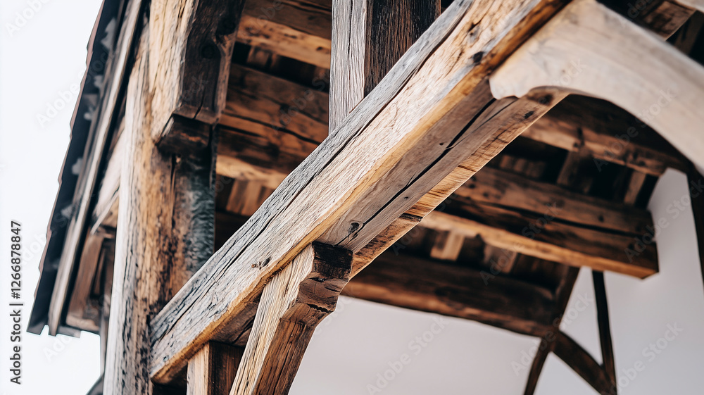Elegant close-up highlighting the intricate wooden beams of a house. Elegant close-up highlighting the intricate wooden beams of a house.