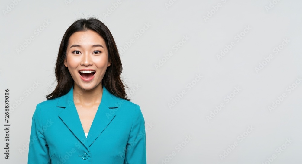 Young Woman in Blue Blazer with Surprised Expression on Clean Background, Perfect for Business or Lifestyle Concepts Young Woman in Blue Blazer with Surprised Expression on Clean Background, Perfect for Business or Lifestyle Concepts
