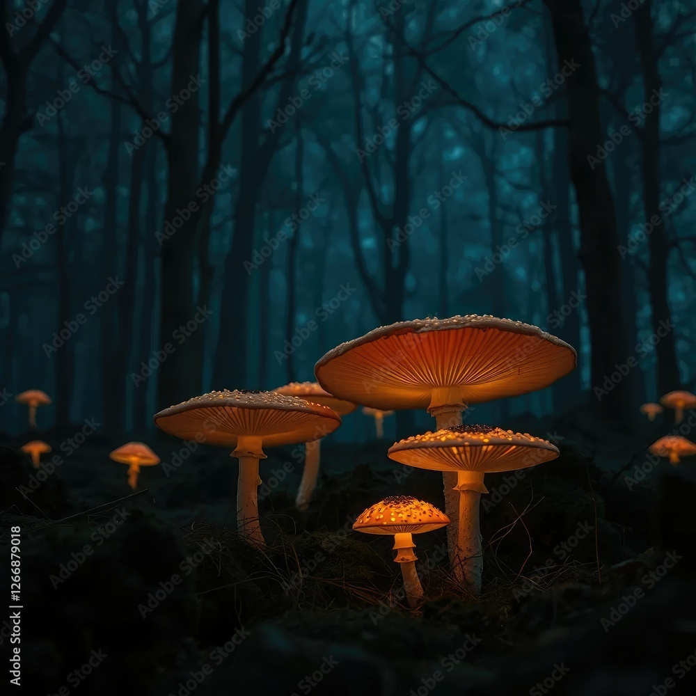 Fototapeta premium Midnight forest landscape with glowing mushrooms, eerie atmosphere, darkness