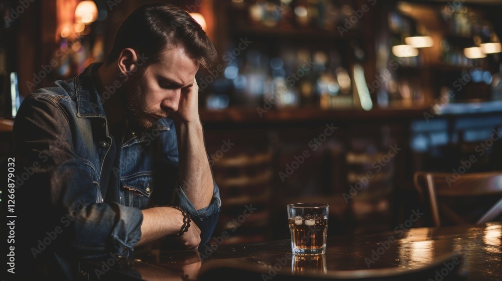 Man sitting alone at a dimly lit bar, holding a glass of whiskey with a thoughtful expression, reflecting on personal moments and solitude in a quiet bar setting. Man sitting alone at a dimly lit bar, holding a glass of whiskey with a thoughtful expression, reflecting on personal moments and solitude in a quiet bar setting.