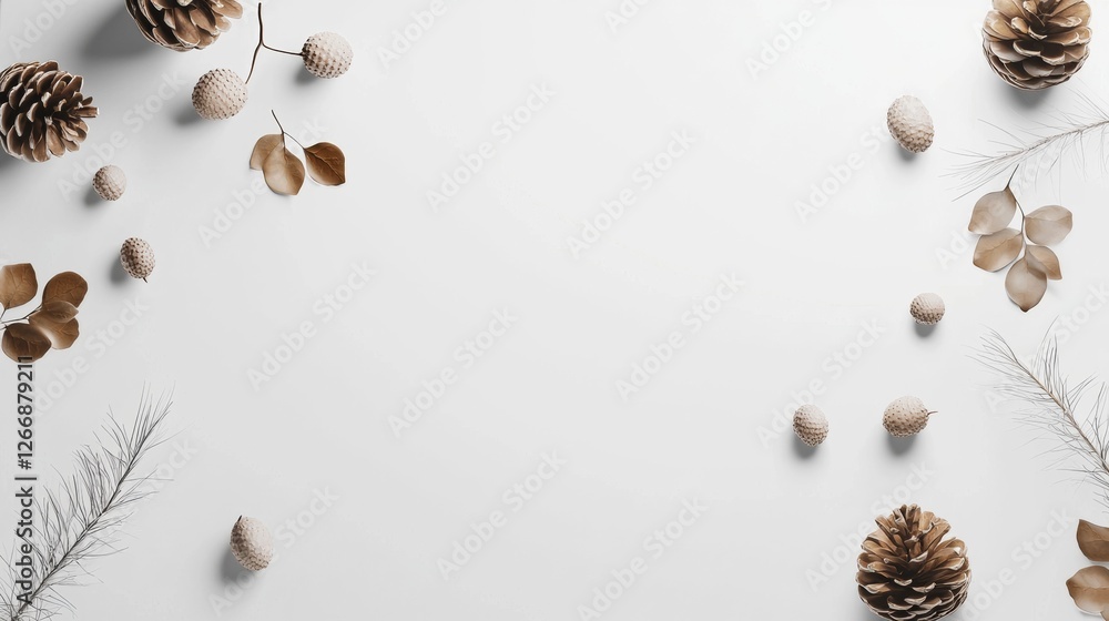 Obraz premium Decorative arrangement of natural elements on a white background for autumn and winter decor