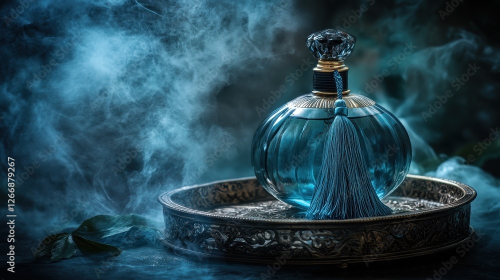 Elegant Perfume Bottle Surrounded by Mysterious Smoke and Shadows Elegant Perfume Bottle Surrounded by Mysterious Smoke and Shadows