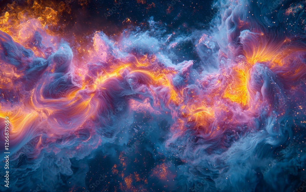 Vibrant cosmic gas and dust swirl in a mesmerizing display of colors and patterns in deep space Vibrant cosmic gas and dust swirl in a mesmerizing display of colors and patterns in deep space