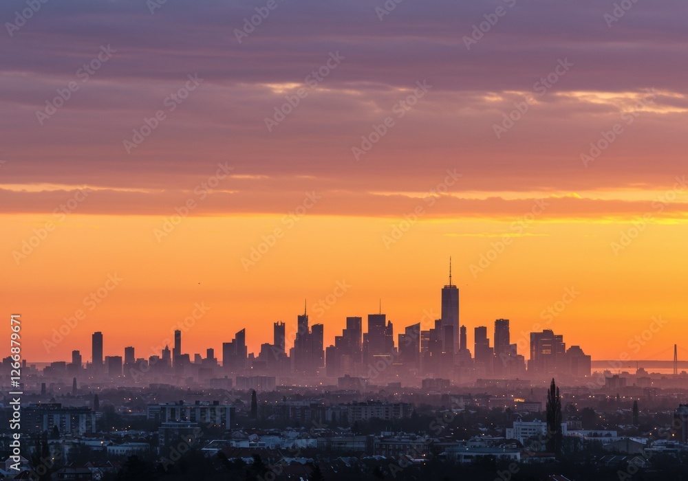 Fototapeta premium Stunning Urban Skyline at Sunrise Photograph with Dramatic Orange and Purple Sky