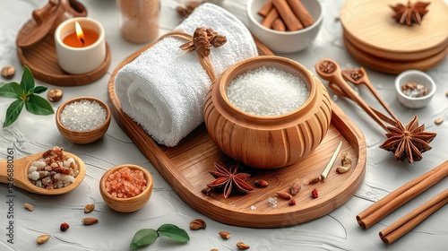 Wallpaper Mural Natural Spa Treatment with Rice, Towels, and Aromatic Spices on Wooden Tray Torontodigital.ca
