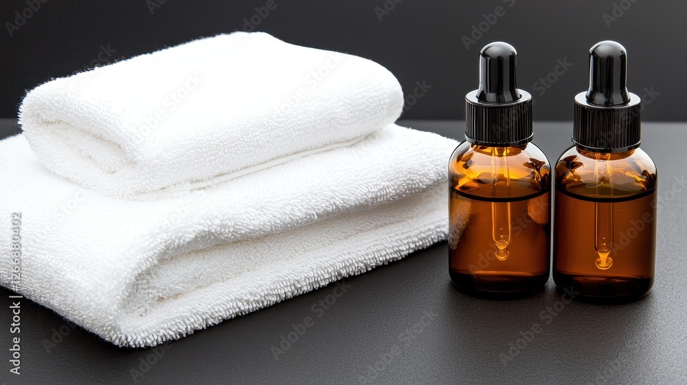 Elegant Brown Bottles with Essential Oils Next to Soft White Towels on Black Surface Elegant Brown Bottles with Essential Oils Next to Soft White Towels on Black Surface