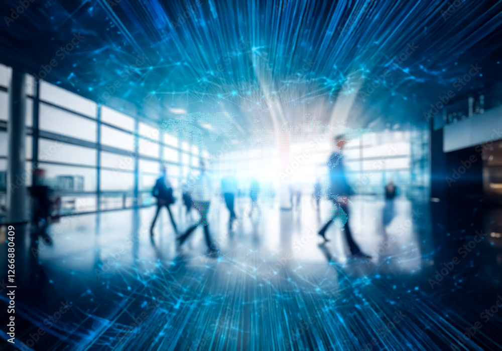 Blurred image of people walking through a modern glass building in Hong Kong. Blurred image of people walking through a modern glass building in Hong Kong.