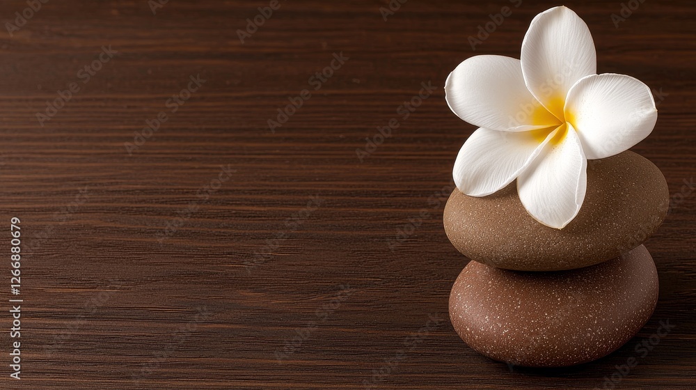 Fototapeta premium Balanced Zen Serenity Frangipani Bloom on Stacked Smooth Stones Against Wood Grain Background Backdrop Still Life