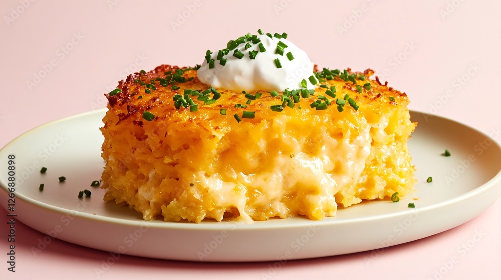 A modern, minimalist plating of cheesy hash brown casserole, with a dollop of sour cream and chives, against a soft pastel background A modern, minimalist plating of cheesy hash brown casserole, with a dollop of sour cream and chives, against a soft pastel background