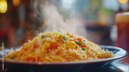Flavorful Fried Rice Dish with Steam Rising in Cozy Restaurant Setting