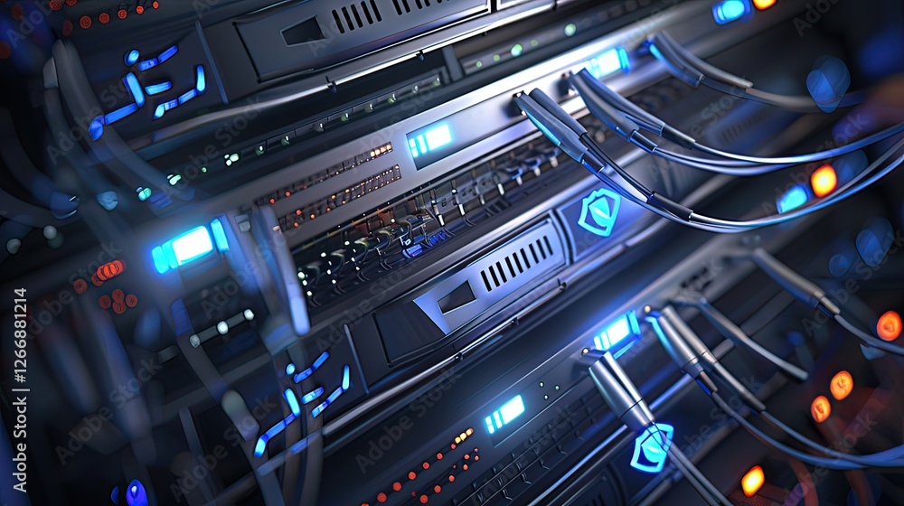 Corporate IT Infrastructure with Server Rack, Network Nodes, and Cybersecurity Visualization Corporate IT Infrastructure with Server Rack, Network Nodes, and Cybersecurity Visualization