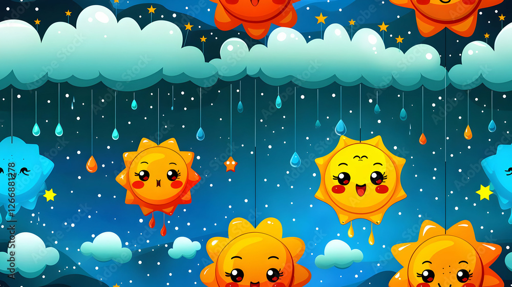 A whimsical scene featuring cheerful suns, clouds, and raindrops in a night sky. A whimsical scene featuring cheerful suns, clouds, and raindrops in a night sky.