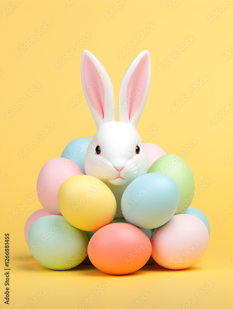 Easter background with a cute bunny and pastel colored eggs on background with copy space Easter background with a cute bunny and pastel colored eggs on background with copy space