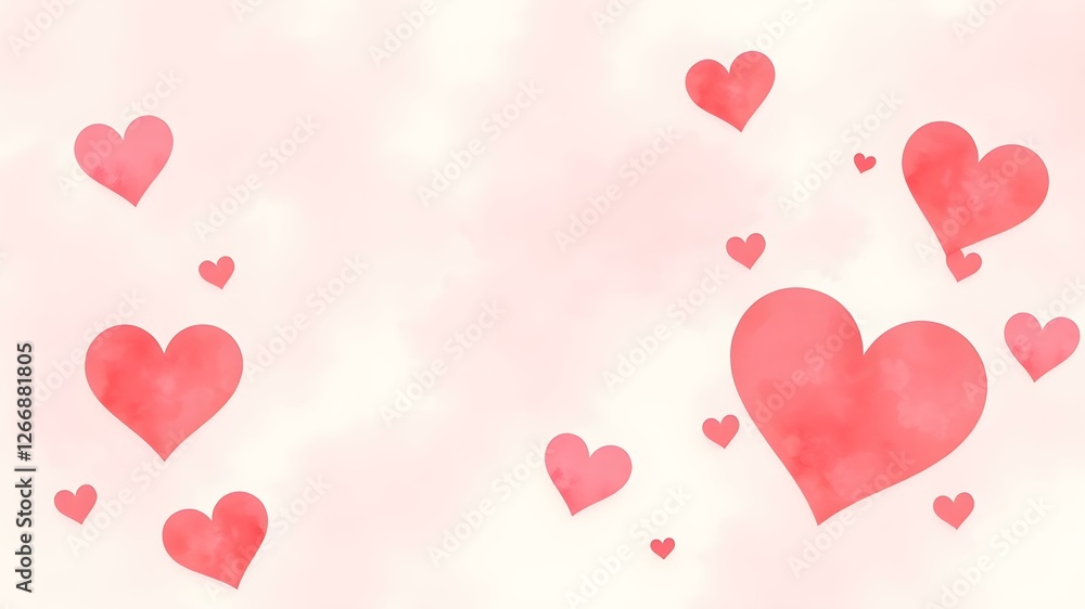 Floating Hearts: Delicate watercolor hearts float gently across a soft pink background, creating a romantic and dreamy atmosphere. Perfect for Valentine's Day, wedding invitations. Floating Hearts: Delicate watercolor hearts float gently across a soft pink background, creating a romantic and dreamy atmosphere. Perfect for Valentine's Day, wedding invitations.