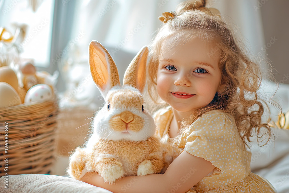 Smiling Girl Holding a Bunny in Easter Setting Smiling Girl Holding a Bunny in Easter Setting