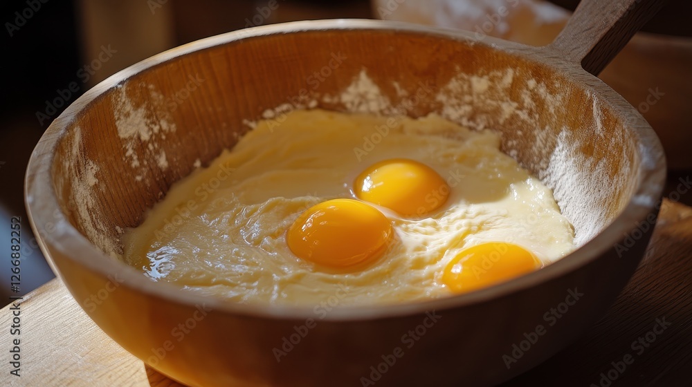 Fresh Eggs in Wooden Bowl Preparing for Delicious Recipe Fresh Eggs in Wooden Bowl Preparing for Delicious Recipe